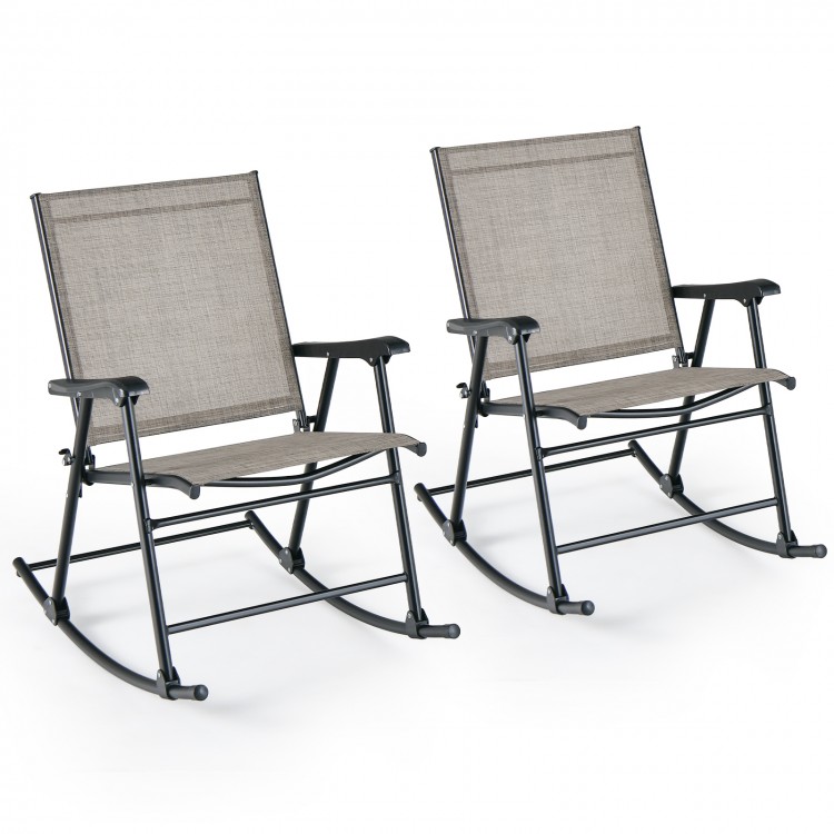 Set of 2 folding rocking chairs with breathable brown seat fabric and heavy-duty metal frame for outdoor relaxation.