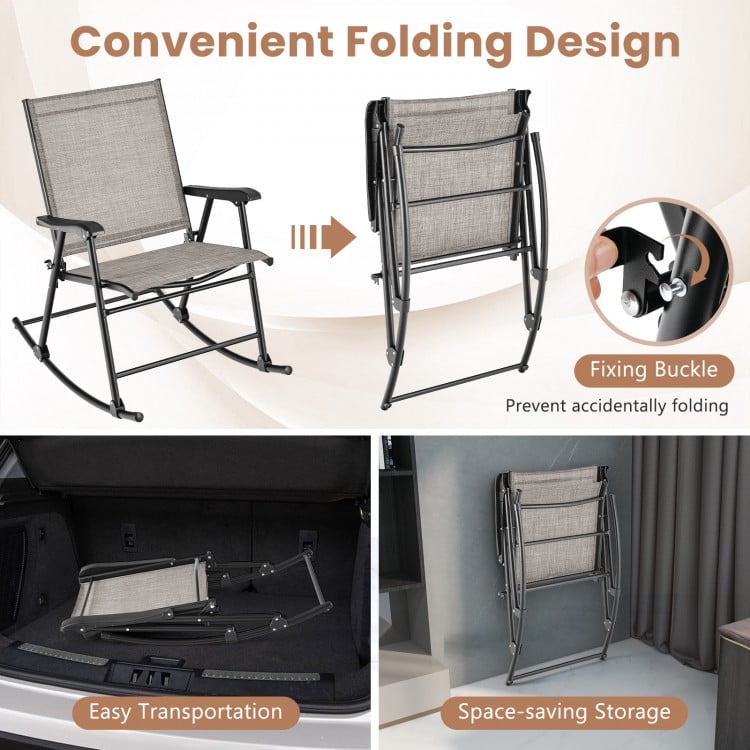 Folding rocking chair set with breathable brown fabric, ergonomic design, and space-saving storage for easy transport.