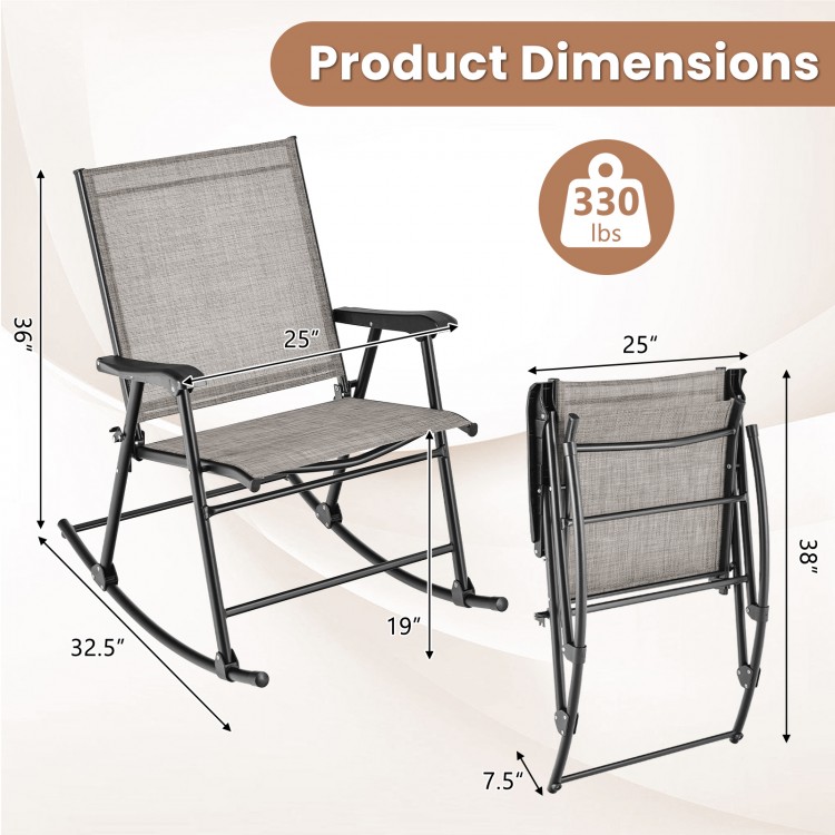 Folding rocking chair dimensions showing ergonomic design, breathable fabric, and heavy-duty frame for 330 lbs capacity.
