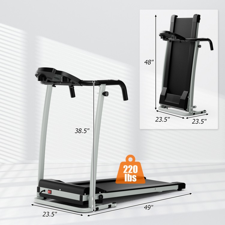 Folding treadmill with LCD display, 12 preset programs, and compact design for easy storage and transport.