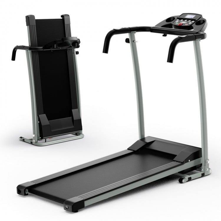Folding treadmill in black with LCD display, 12 preset programs, and space-saving design for home workouts.