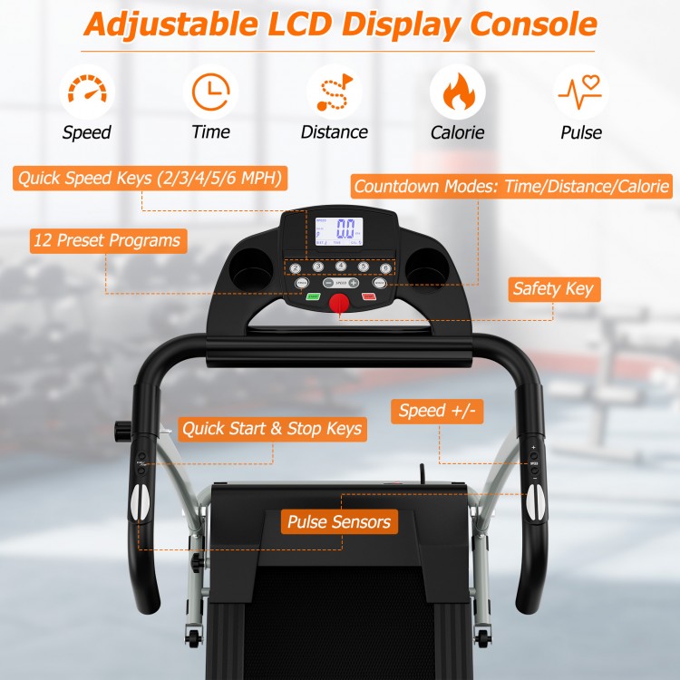 Folding treadmill with adjustable LCD display, 12 preset programs, and quick speed keys for efficient workouts.