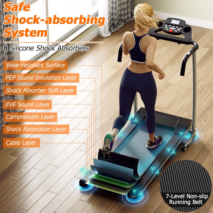 Folding treadmill with 7-layer non-slip running belt and 8 shock absorbers, featuring an LCD display and 12 preset.