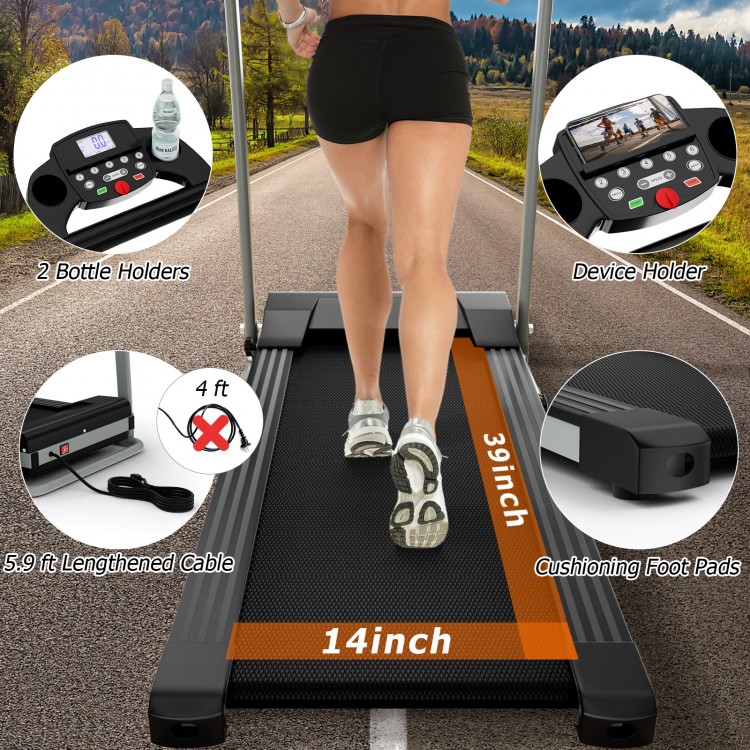 Folding treadmill with 12 preset programs, LCD display, and 7-layer non-slip running belt for home workouts.