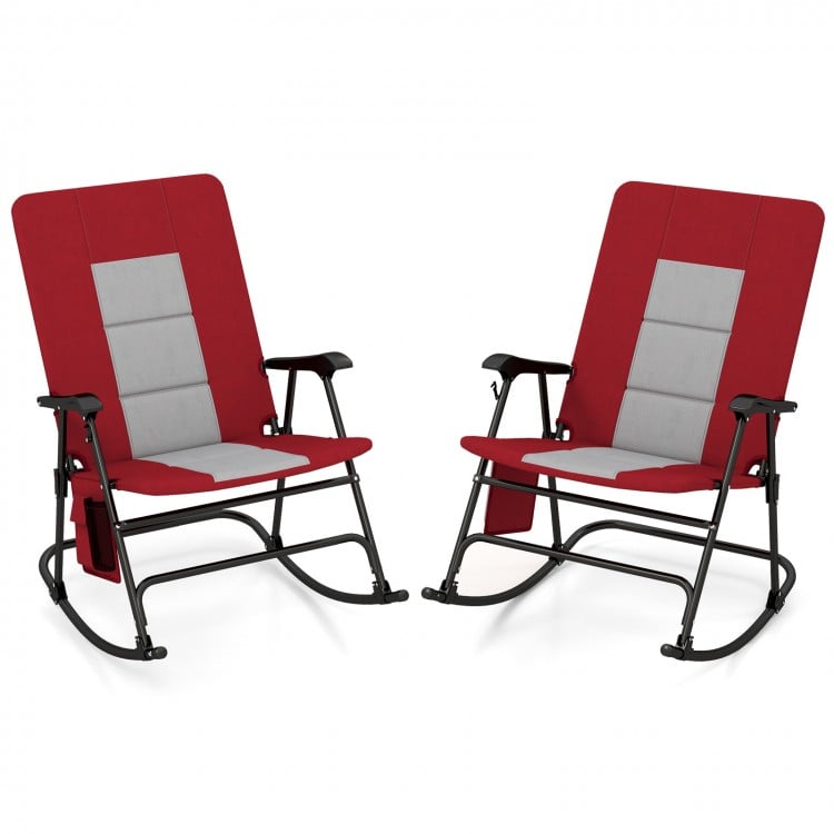 Foldable red rocking chair set with padded seats, backrests, and armrests, perfect for outdoor and indoor relaxation.