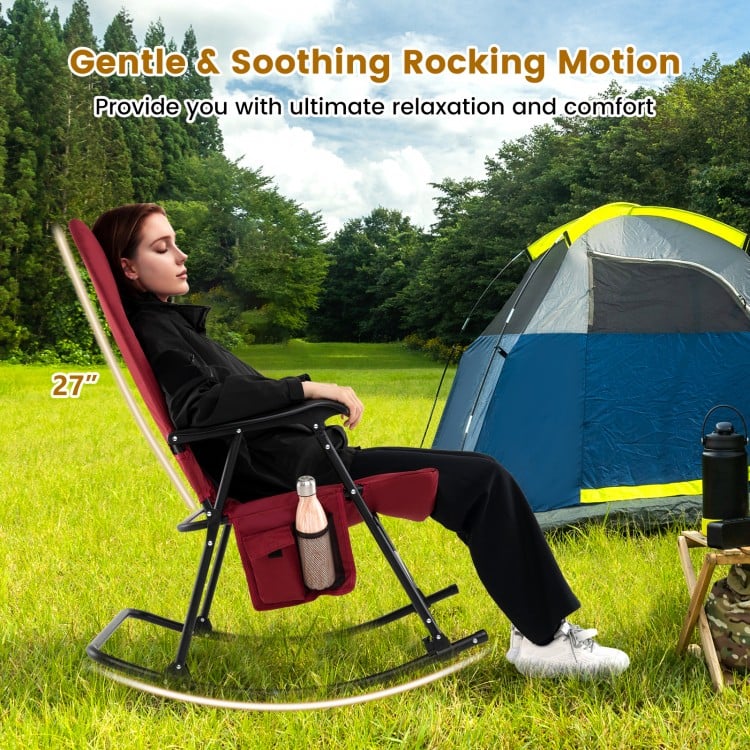 Foldable rocking padded camping chair in red with backrest and armrests, perfect for outdoor relaxation and comfort.