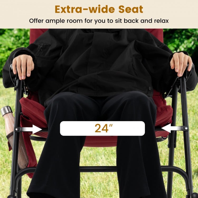 Extra-wide padded seat of the red foldable rocking chair, featuring a sturdy steel frame and ergonomic design for.