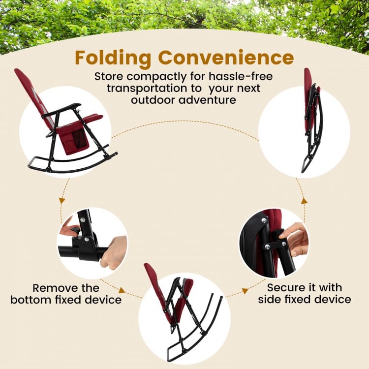 Foldable rocking padded camping chair in red with backrest and armrest, ideal for outdoor relaxation and easy transport.