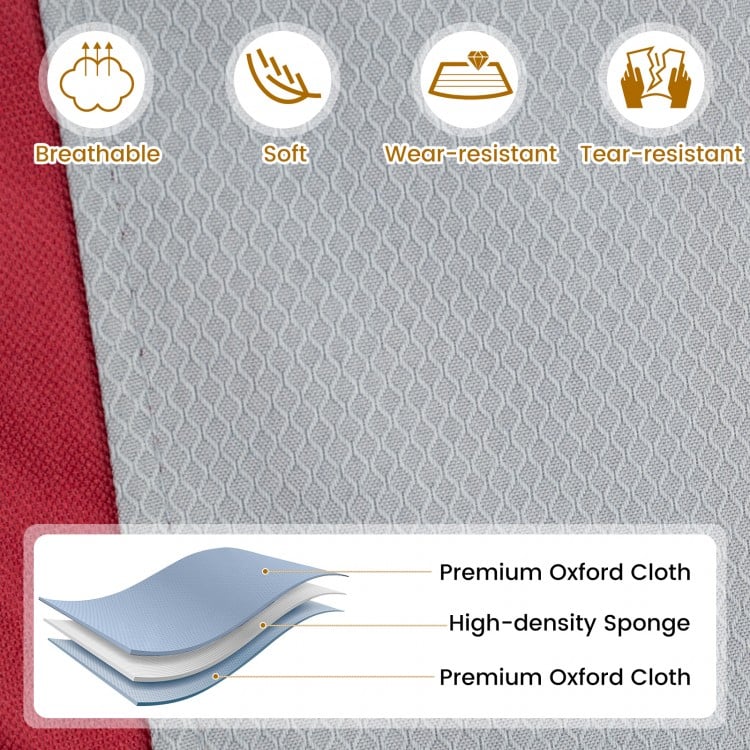 Close-up of the foldable rocking chair in red, featuring durable oxford fabric and a soft cushion for comfort.