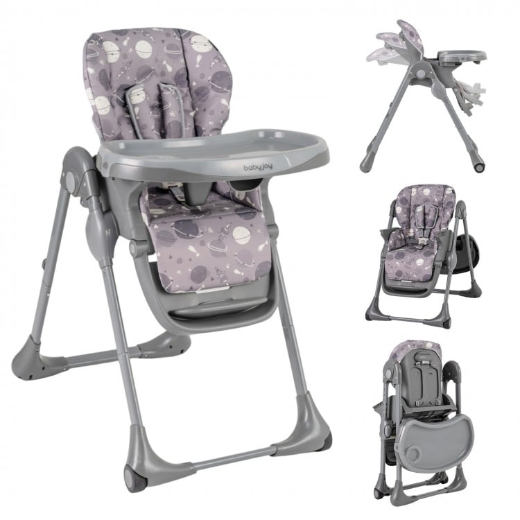 Foldable high chair in gray with detachable cushion, featuring adjustable height, tray, and backrest for babies and.