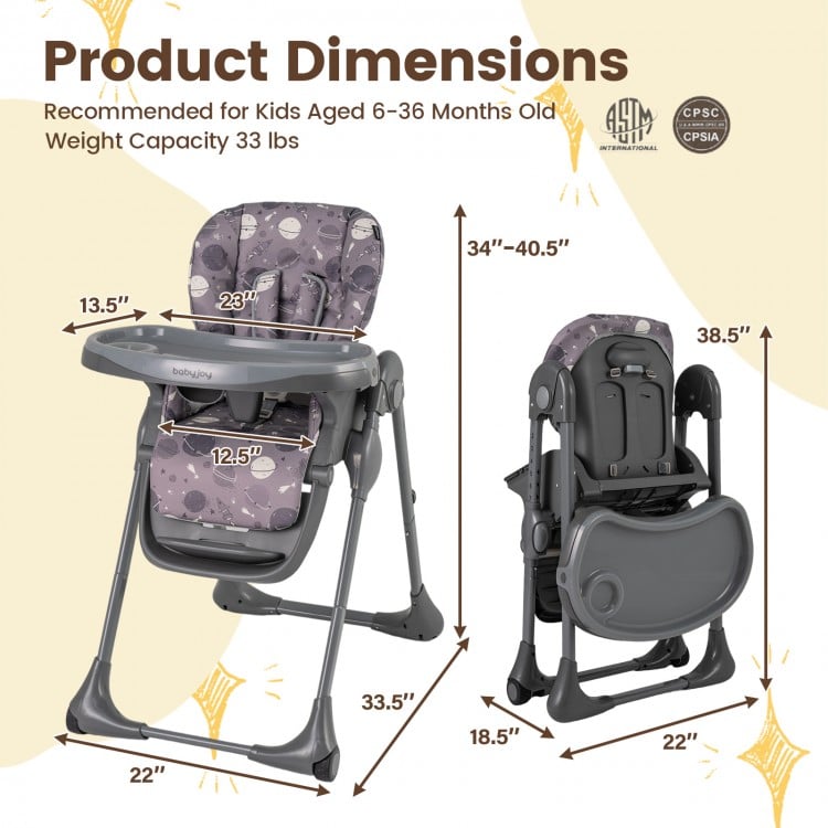 Product dimensions of the gray foldable high chair with detachable cushion, suitable for kids aged 6-36 months.