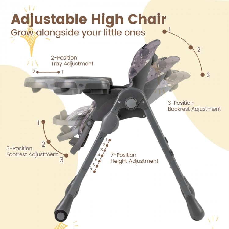 Adjustable high chair in gray with 7 height positions, 3 backrest angles, and detachable cushion for babies and.
