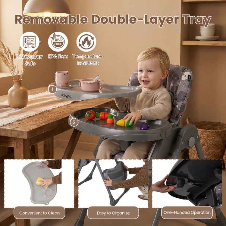 Removable double-layer tray of a gray foldable high chair for babies, featuring easy cleaning and adjustable positions.