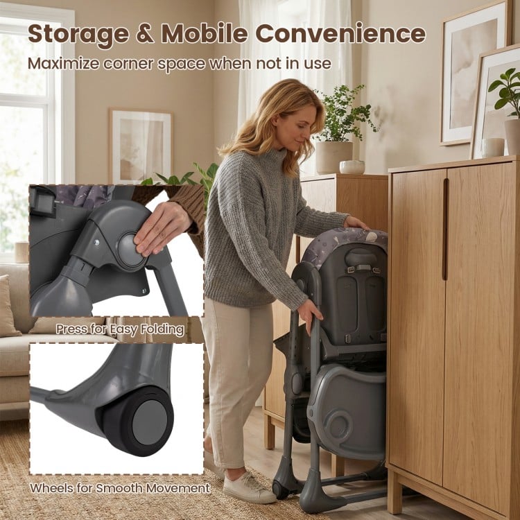Foldable high chair in gray with detachable cushion, featuring wheels for easy movement and compact storage convenience.
