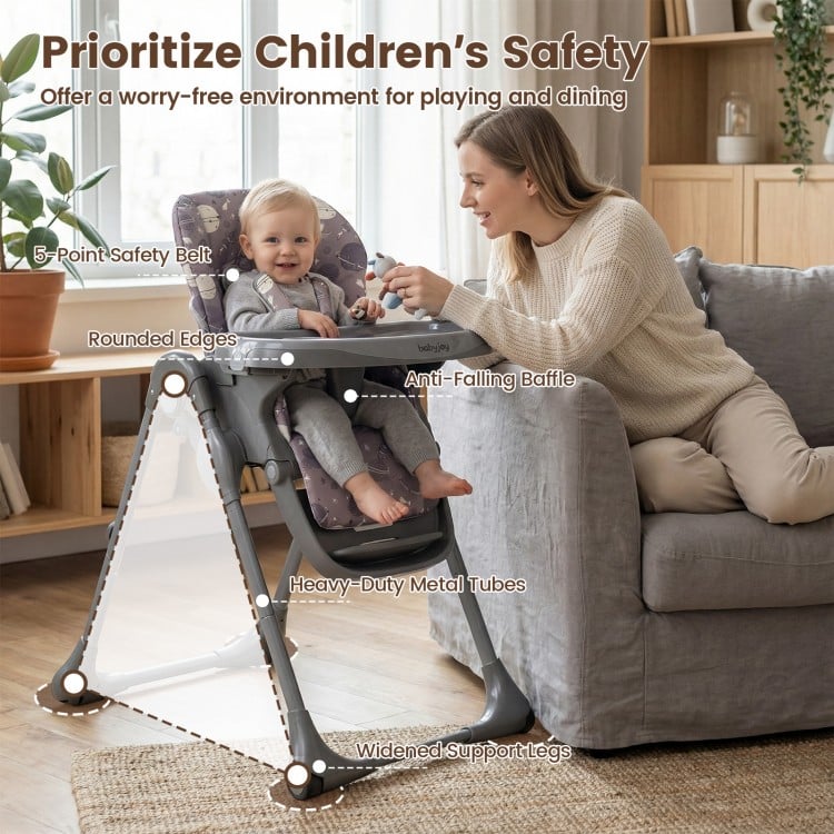 Foldable high chair in gray with detachable cushion, featuring a 5-point safety harness and adjustable height for.