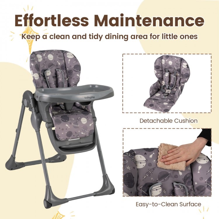 Foldable high chair in gray with detachable cushion, easy-to-clean surface, and adjustable height for babies and.
