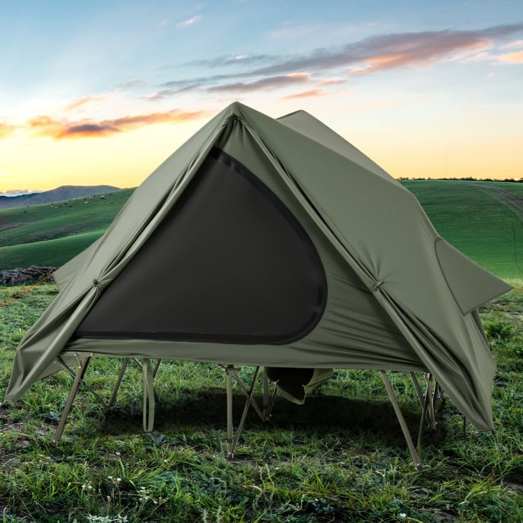 Foldable 2-person camping cot tent in green with pop-up design, ideal for outdoor adventures and easy setup.