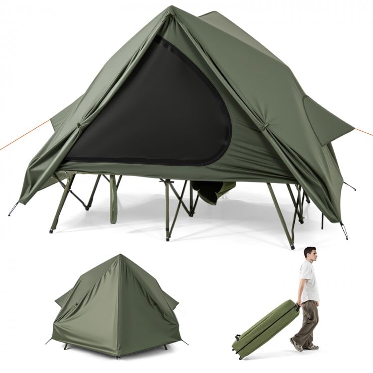 Foldable 2-person camping cot tent in green with pop-up shelter, portable wheeled bag, and waterproof rainfly for.