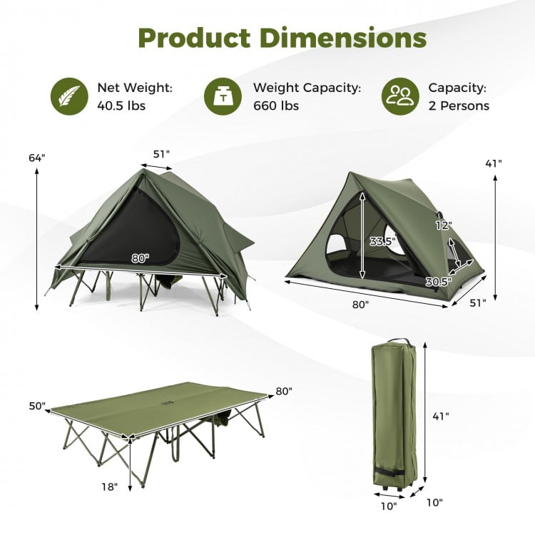 Foldable 2-person camping cot tent in green with dimensions, featuring a waterproof rainfly and portable wheeled bag.