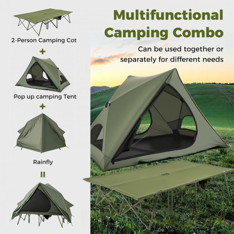 Foldable 2-person camping cot tent in green with pop-up design and rainfly, perfect for outdoor camping adventures.