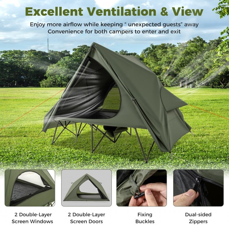 Foldable 2-person camping cot tent in green with dual-sided zippers and double-layer mesh for excellent ventilation.