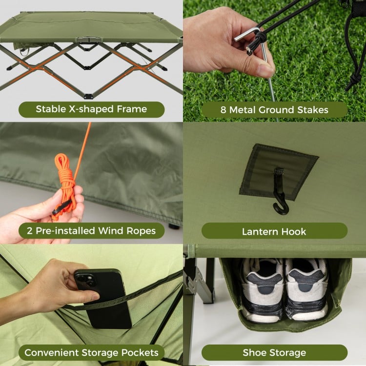 Foldable 2-person camping cot with pop-up tent, waterproof rainfly, and storage pockets for organized outdoor use.