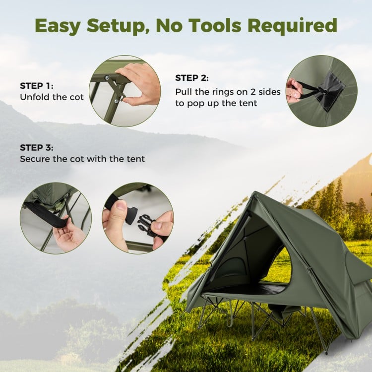 Foldable 2-person camping cot tent in green, featuring easy setup, waterproof rainfly, and portable wheeled bag for.