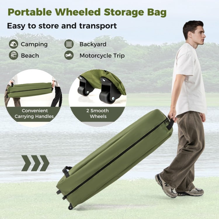 Portable wheeled storage bag in green for easy transport, ideal for camping, beach, or motorcycle trips.
