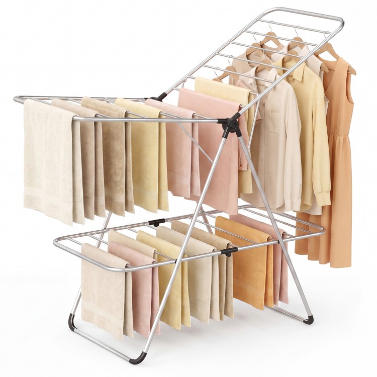 Foldable 2-tier clothes drying rack made of aluminum and stainless steel, ideal for efficient laundry drying at home.