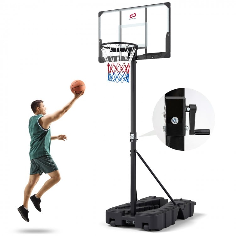 Foldable basketball hoop with adjustable height, shatterproof PC backboard, and stable base for indoor and outdoor play.