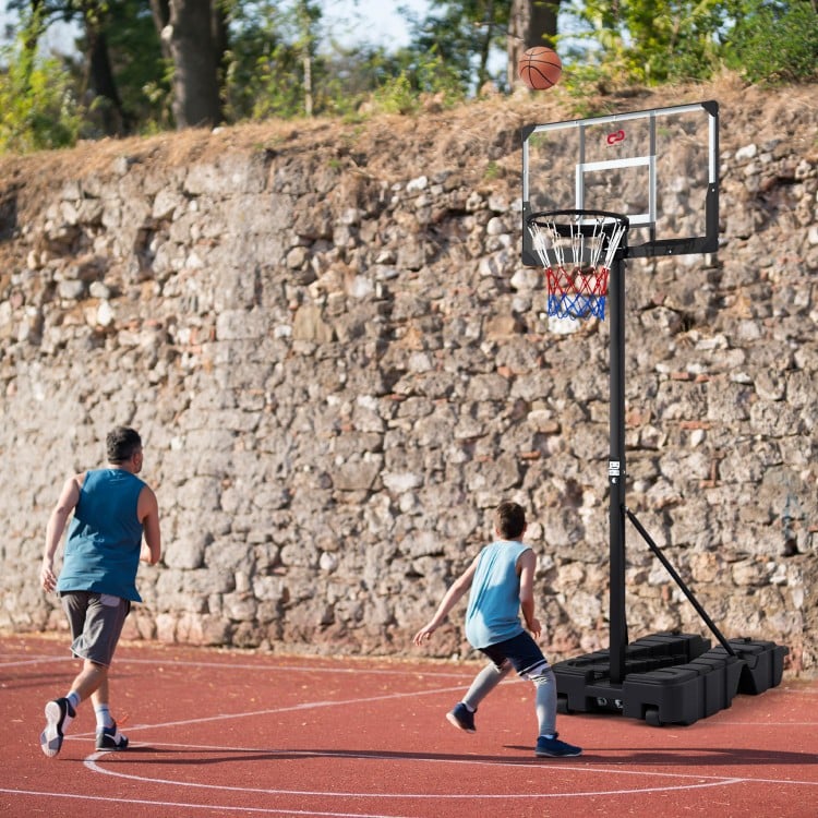 Foldable basketball hoop with adjustable height, sturdy base, and shatterproof backboard for outdoor play.