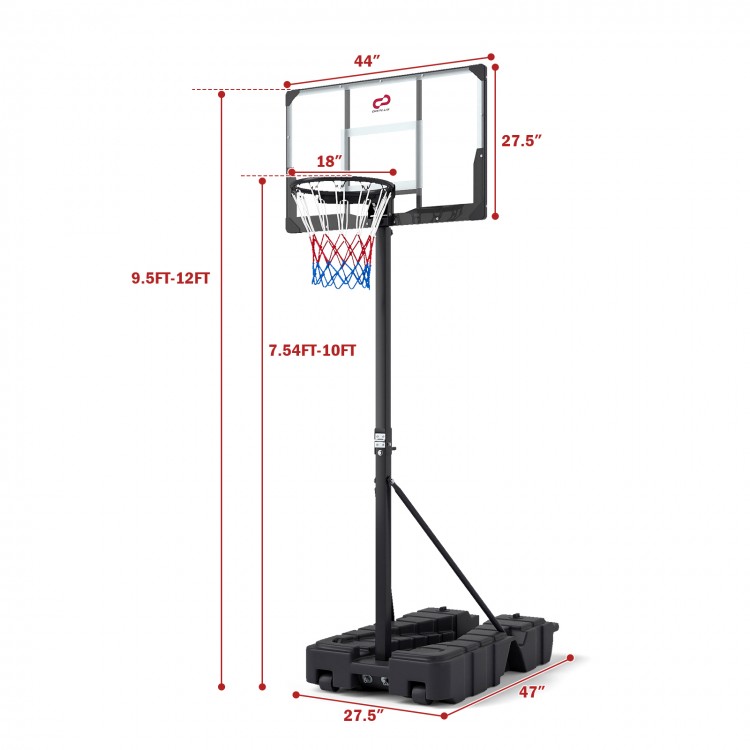 Foldable basketball hoop with adjustable height from 7.54 to 10 ft, featuring a shatterproof PC backboard and stable.