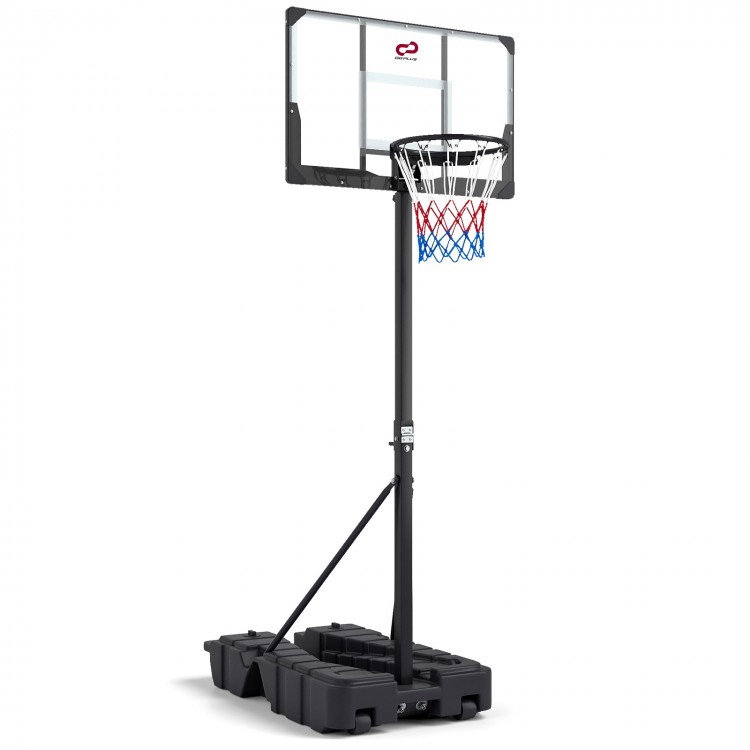 Foldable basketball hoop with adjustable height, shatterproof PC backboard, and stable base for indoor and outdoor use.
