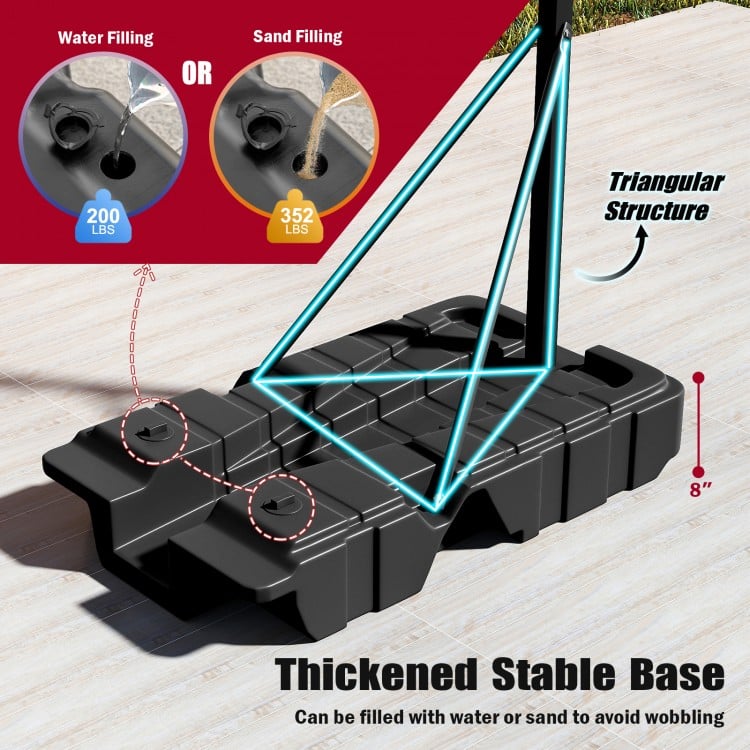 Thickened stable base for foldable basketball hoop, fillable with 200 lbs water or 352 lbs sand for enhanced stability.