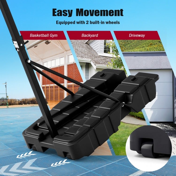 Foldable basketball hoop base with two built-in wheels, designed for easy movement and stability in gyms or backyards.