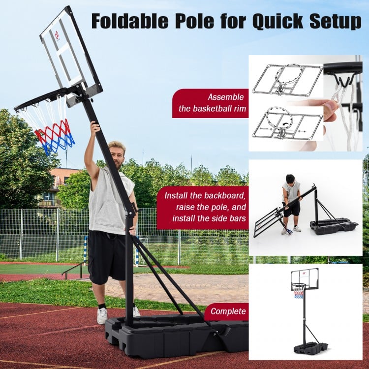 Foldable basketball hoop with adjustable height, shatterproof PC backboard, and stable base for indoor or outdoor use.