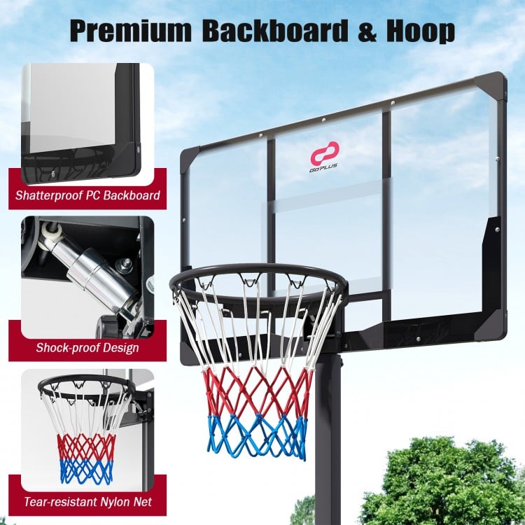 Foldable basketball hoop with shatterproof PC backboard, adjustable height, and tear-resistant nylon net for stability.