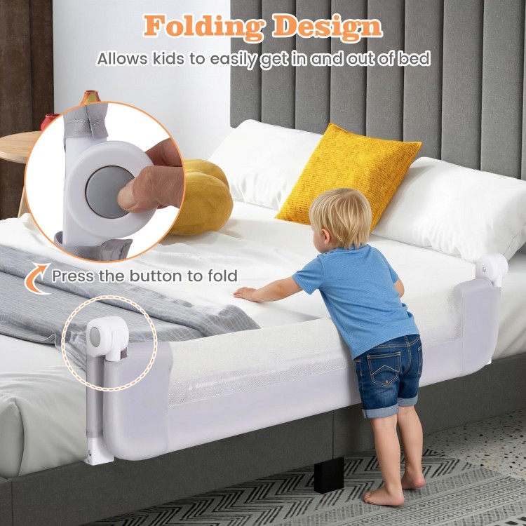 Foldable bed rail in light gray allows kids to safely get in and out of bed with soft padding and adjustable strap.