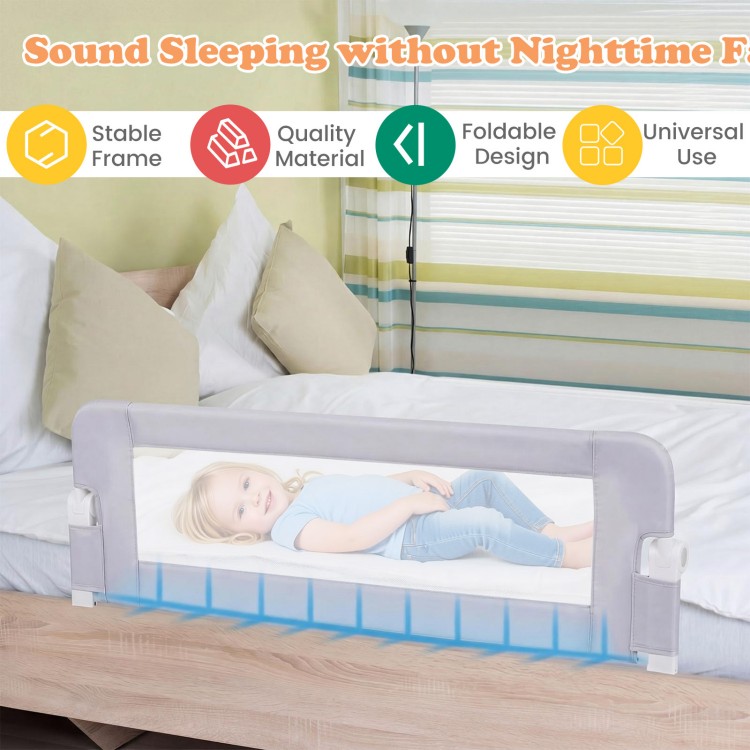 Foldable bed rail in light gray with soft padding, designed for toddler safety and easy access to the bed.