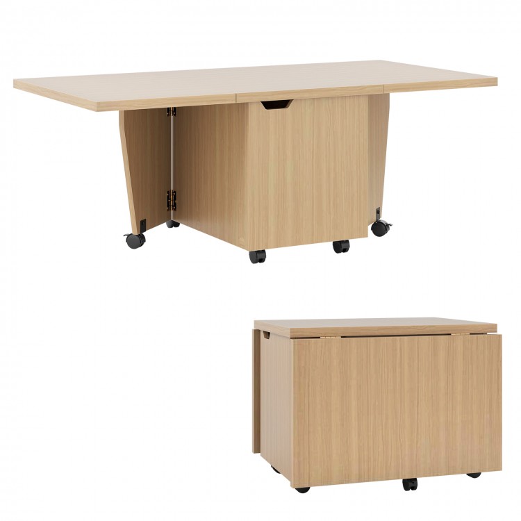 Foldable coffee table in oak with storage cabinet, featuring wheels for easy mobility and a compact design for.