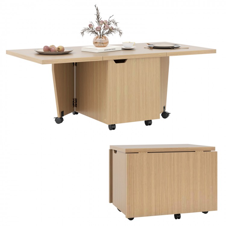 Foldable coffee table in oak with storage cabinet, featuring wheels for mobility and a compact design for space-saving.