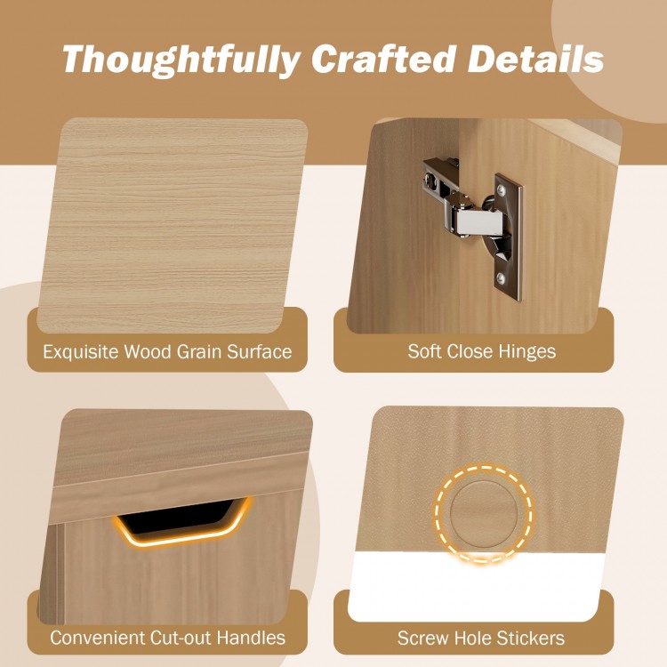 Detail of the foldable coffee table showing soft close hinges, cutout handles, and wood grain surface for easy access.