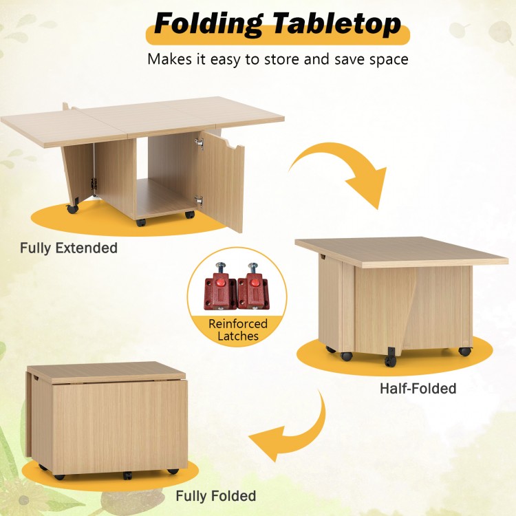 Foldable coffee table in oak with storage cabinet, fully extended for versatile use and space-saving design.
