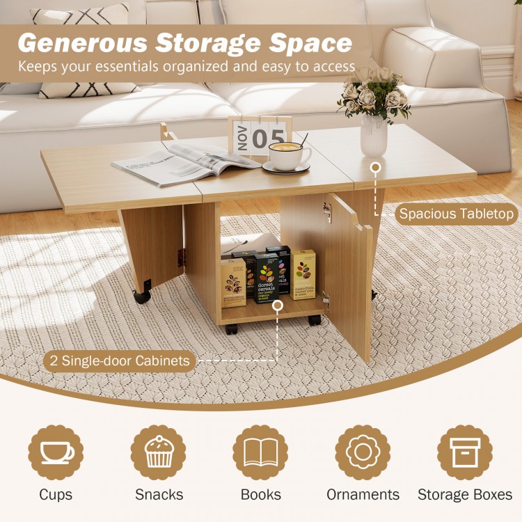 Foldable coffee table in oak with a spacious tabletop and two-door cabinet for organized storage and easy access.