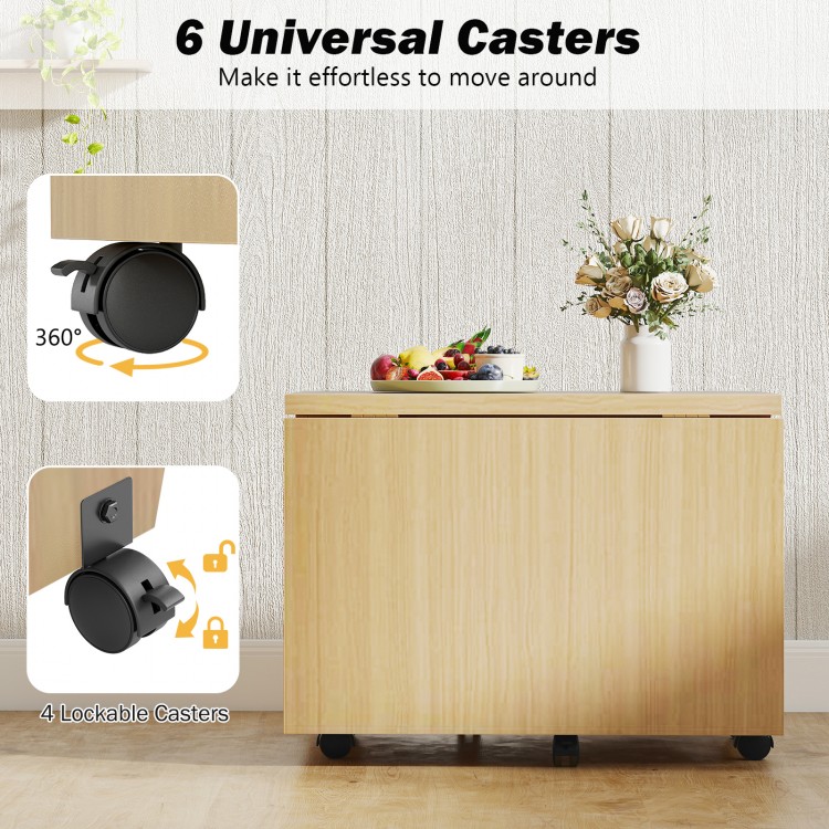 Foldable coffee table with storage cabinet in oak, featuring 6 universal casters for easy mobility and space-saving.