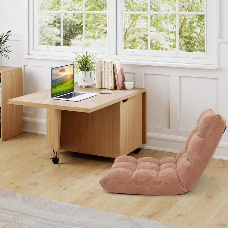 Foldable coffee table with storage cabinet in oak, featuring a quick-folding tabletop and wheels for easy mobility.