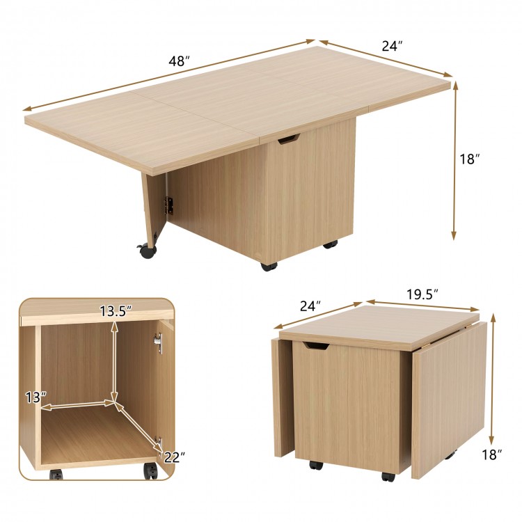 Foldable coffee table with storage cabinet in oak finish, featuring a quick-folding tabletop and ample storage space.