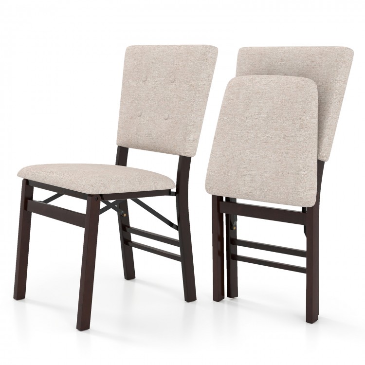 Foldable dining chair set of 2 with beige padded seats and sturdy rubber wood legs, ideal for kitchens and living rooms.