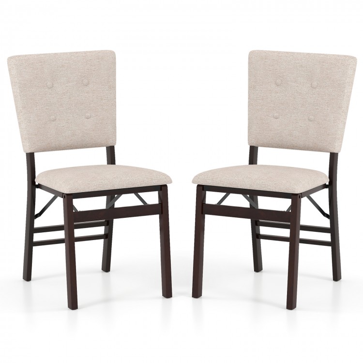 Beige foldable dining chair set of 2 with padded seat and tilt backrest, perfect for kitchens and living rooms.