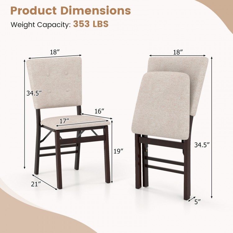 Foldable dining chair set of 2 with padded seat, beige linen fabric, and rubber wood legs for kitchen or living room.